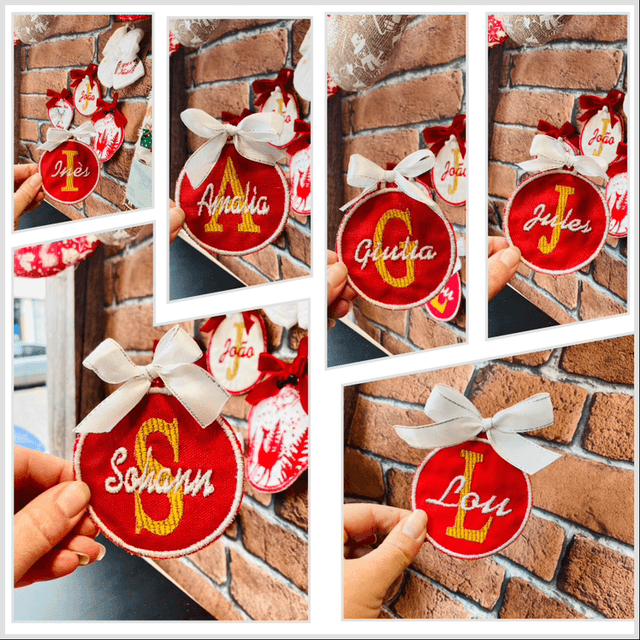 Boule de noël rouge brodé personnalisé 